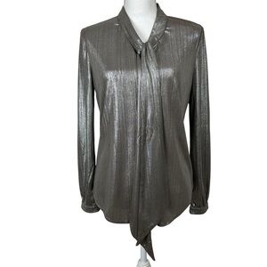 BEULAH STYLE Metallic Shimmer Silver Brown Long Sleeve Bowtie Button Blouse Sz M